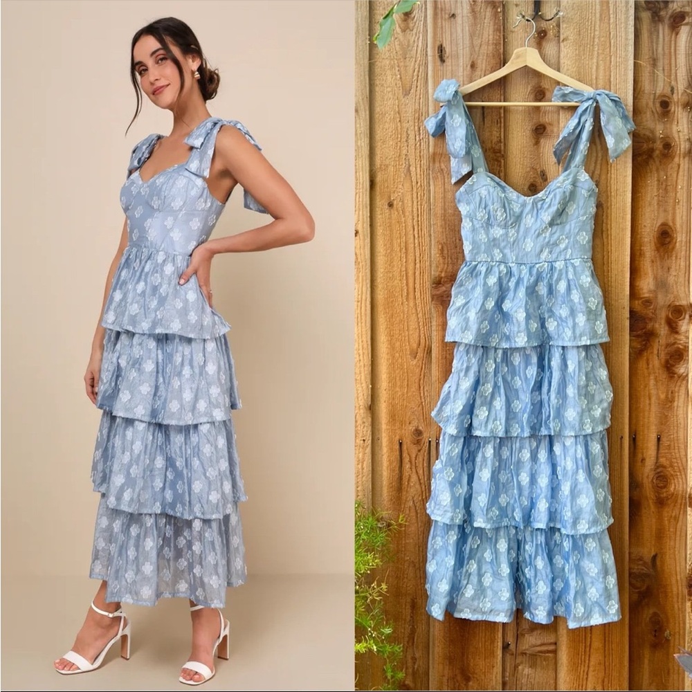 Light Blue Floral Burnout Tiered Bow-Strap Midi Dress 🌿